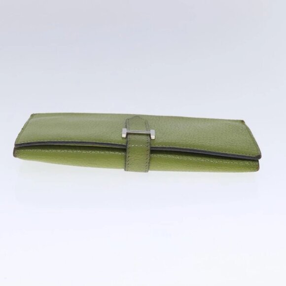 HERMES bean Souffl Wallet Leather Green Silver Auth bs18706 - Picture 6 of 14